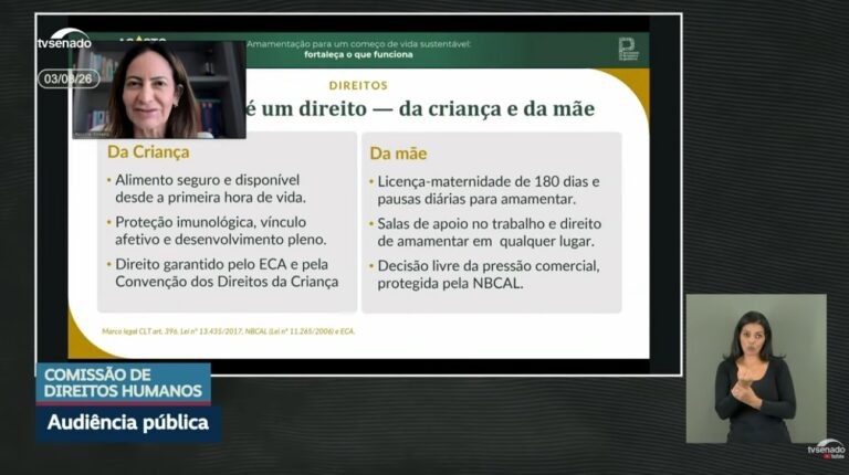 Agosto Dourado 2026: presidente do Departamento de Aleitamento Materno participa de audiência no Senado