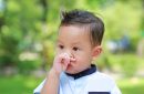 Asian little boy rubs her nose with fingers because feeling itchy. Close-up child scratching his nose outdoor.